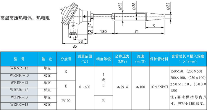 電站測(cè)溫專(zhuān)用熱電偶高溫高壓規(guī)格表